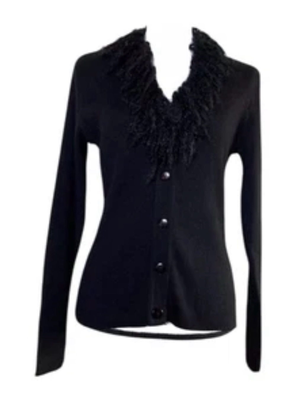 Vtg Y2K Monica Bianco Milano Black Fringe Shawl Collar Wool Blend Sz L Cardigan